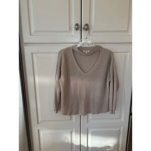 Miracle USA Tan Beige Choker V-Neck Ribbed Knit Sweater Womens ML
